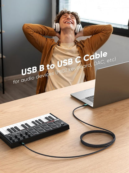 USB B to USB C 6.6 FT, MIDI Cable, Nylon USB B to C Printer Cord for Macbook Pro/Air, USB Type C to Type B Cable for Yamaha Piano, MIDI Keyboard, DJ Controller, DAC, Green