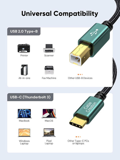 USB B to USB C 6.6 FT, MIDI Cable, Nylon USB B to C Printer Cord for Macbook Pro/Air, USB Type C to Type B Cable for Yamaha Piano, MIDI Keyboard, DJ Controller, DAC, Green
